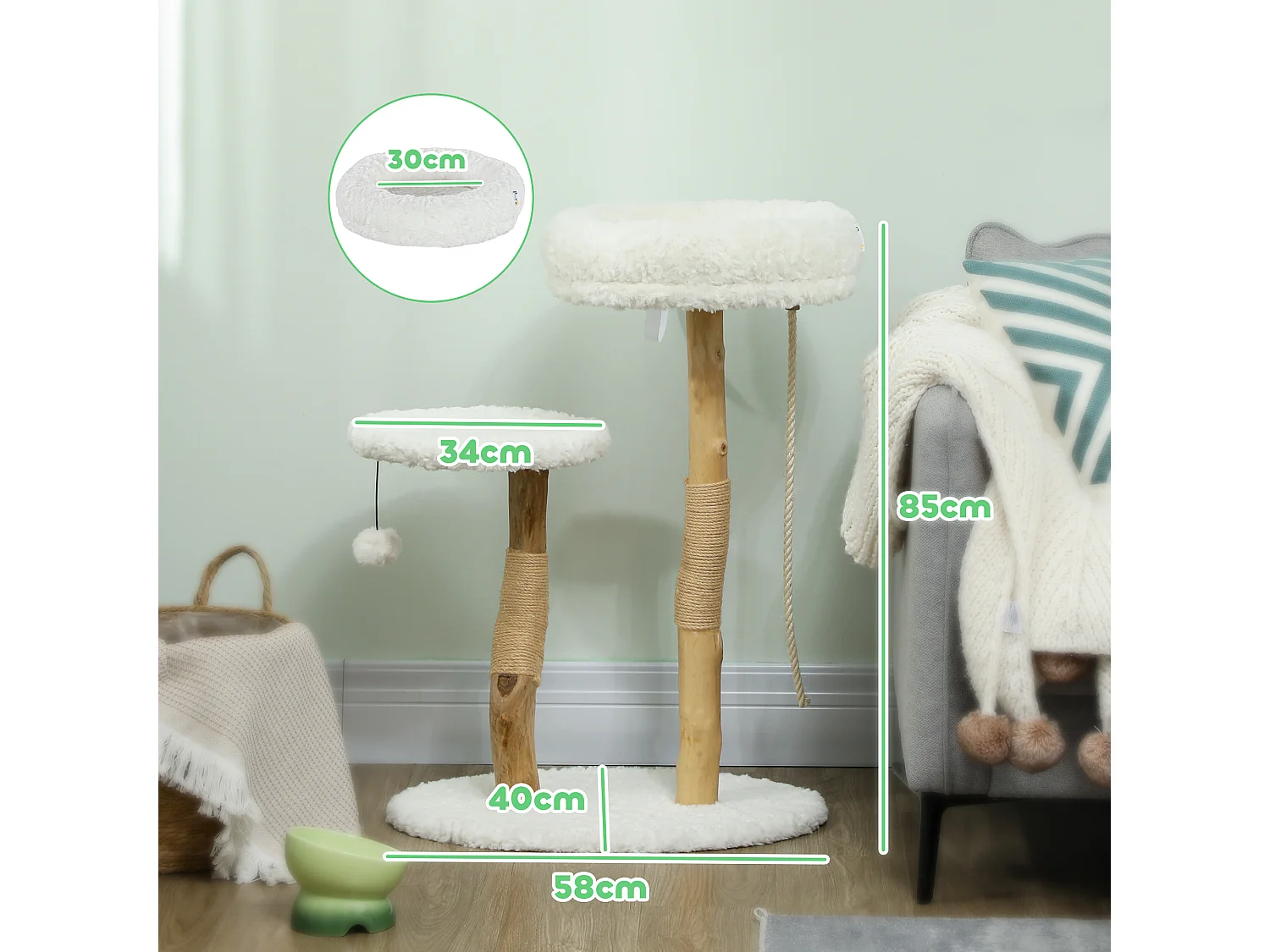 Arbre à chat style bohème chic H.85 cm plateforme panier observation corde boule bois naturel effet laine bouclée