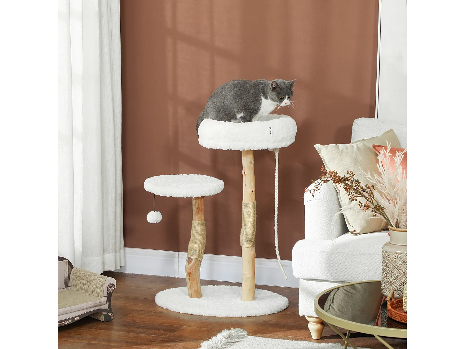 Arbre à chat style bohème chic H.85 cm plateforme panier observation corde boule bois naturel effet laine bouclée