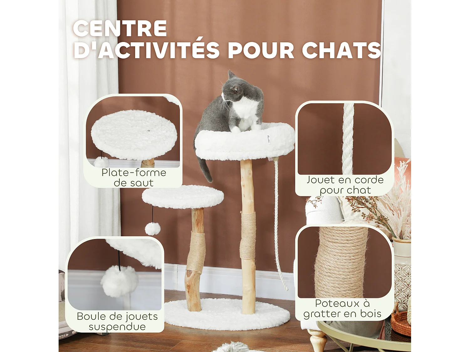Arbre à chat style bohème chic H.85 cm plateforme panier observation corde boule bois naturel effet laine bouclée