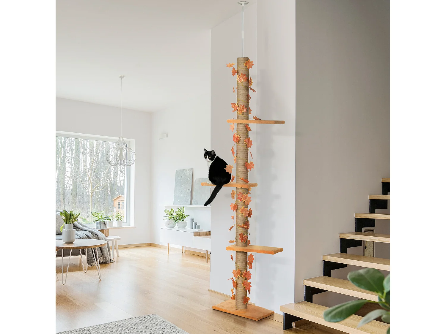 Arbre à chat tour H. réglable 202-242 cm - feuilles décoratives d'automne - jute naturelle peluche orange