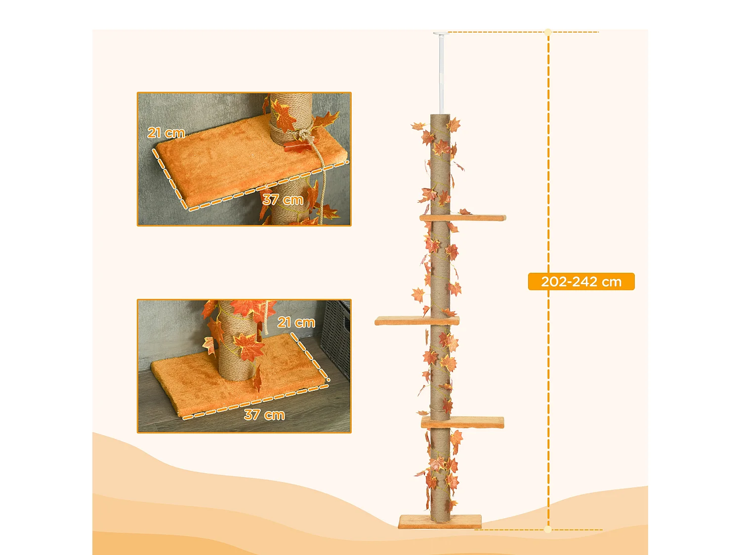 Arbre à chat tour H. réglable 202-242 cm - feuilles décoratives d'automne - jute naturelle peluche orange