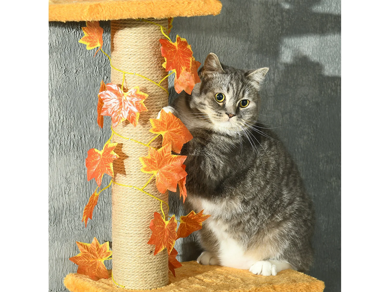Arbre à chat tour H. réglable 202-242 cm - feuilles décoratives d'automne - jute naturelle peluche orange