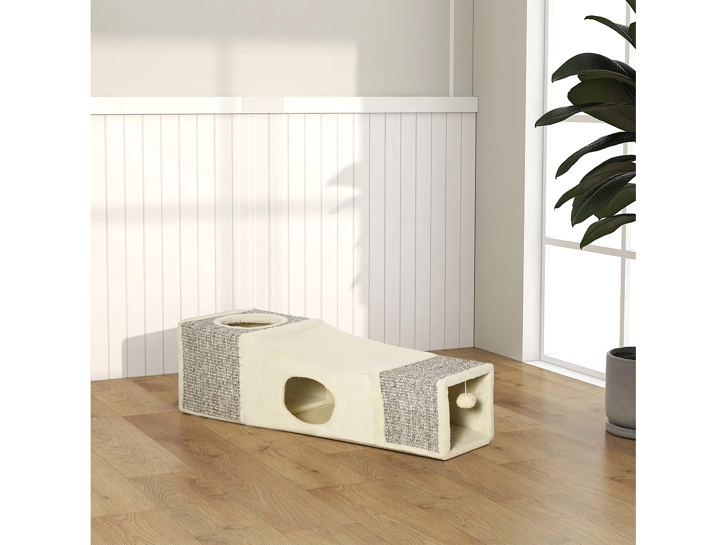 Tunnel grattoir niche modulable pour chat 3 en 1 - jeu balle suspendue - 4 entrées - peluche beige sisal grège