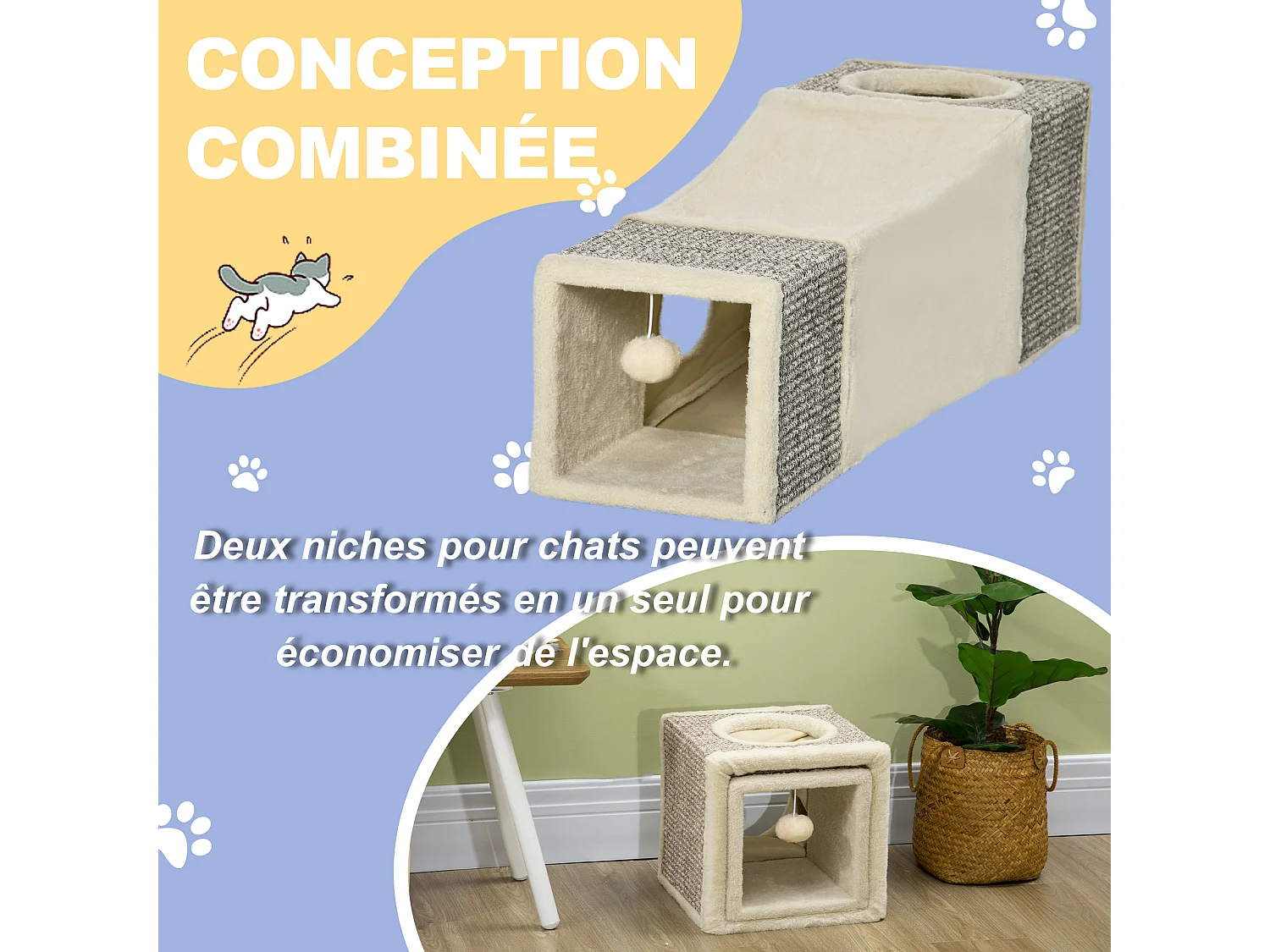 Tunnel grattoir niche modulable pour chat 3 en 1 - jeu balle suspendue - 4 entrées - peluche beige sisal grège