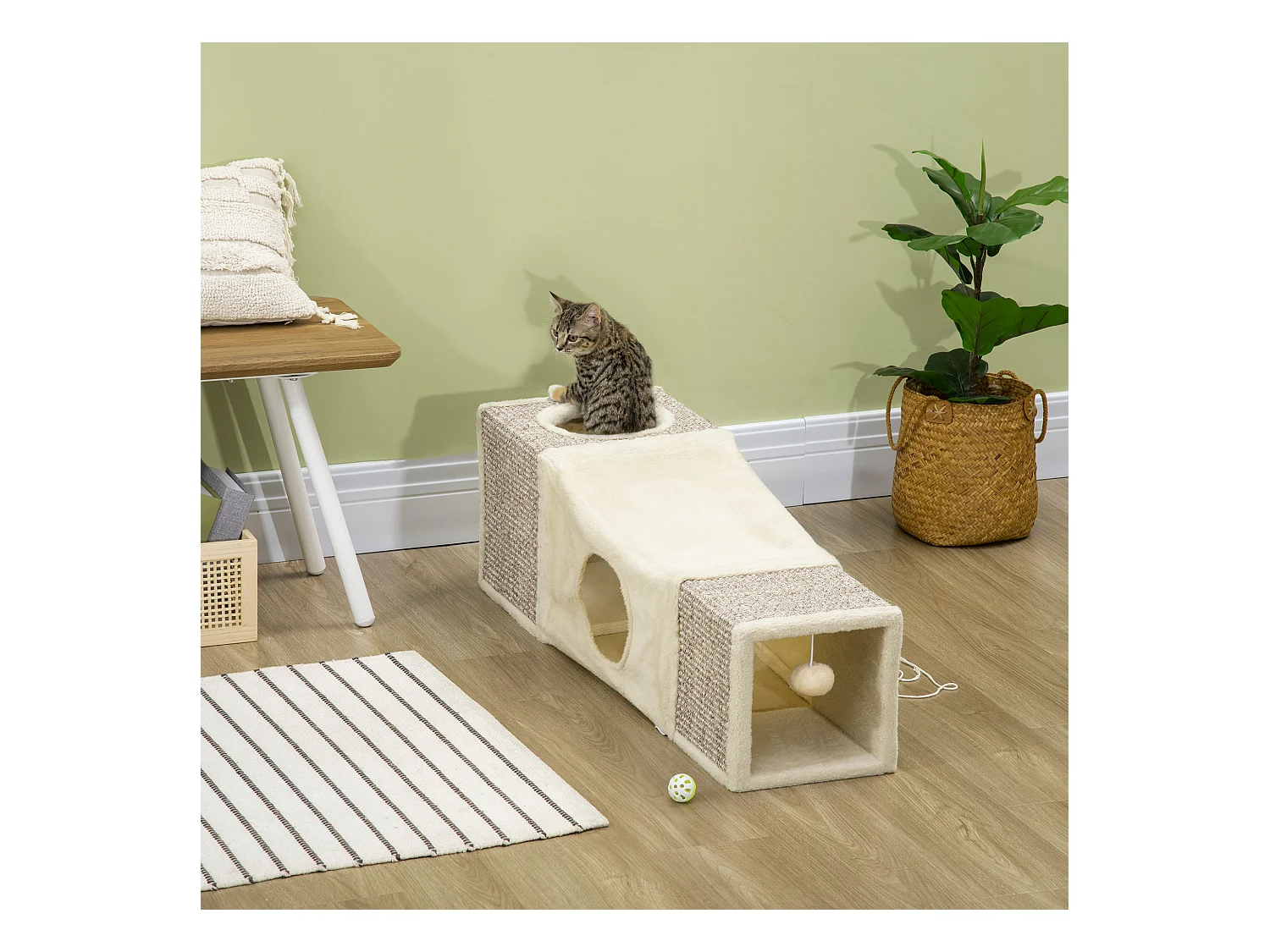 Tunnel grattoir niche modulable pour chat 3 en 1 - jeu balle suspendue - 4 entrées - peluche beige sisal grège