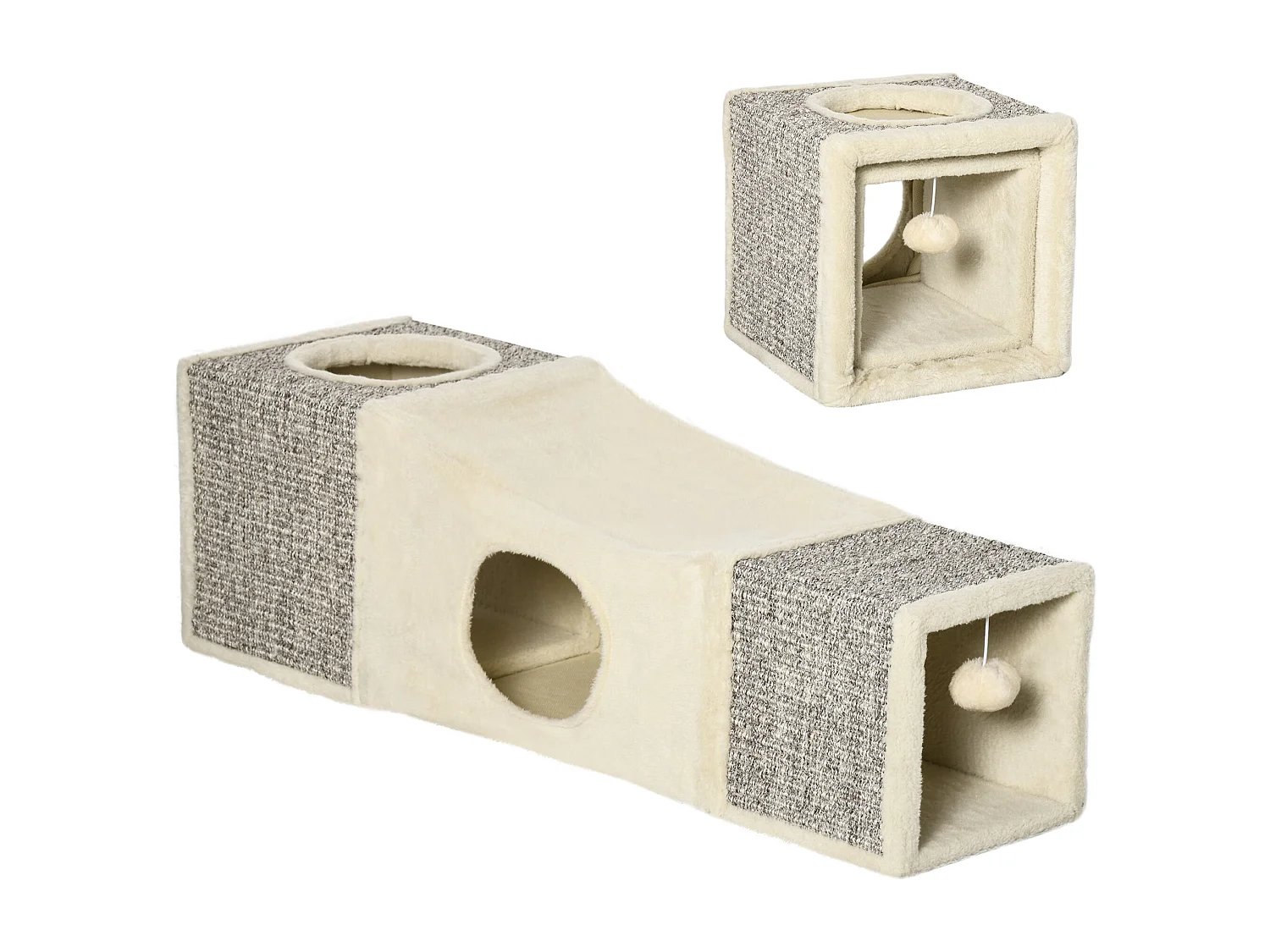 Tunnel grattoir niche modulable pour chat 3 en 1 - jeu balle suspendue - 4 entrées - peluche beige sisal grège