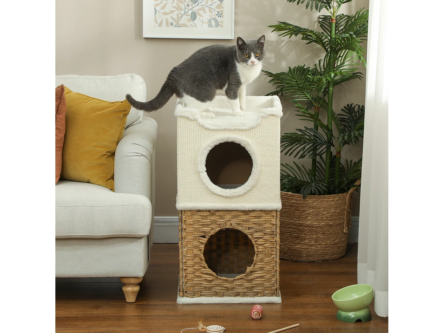 Tour à griffer pour chat 3 niveaux - 2 niches, panier observation- H.75,5 cm - résine tressée sisal