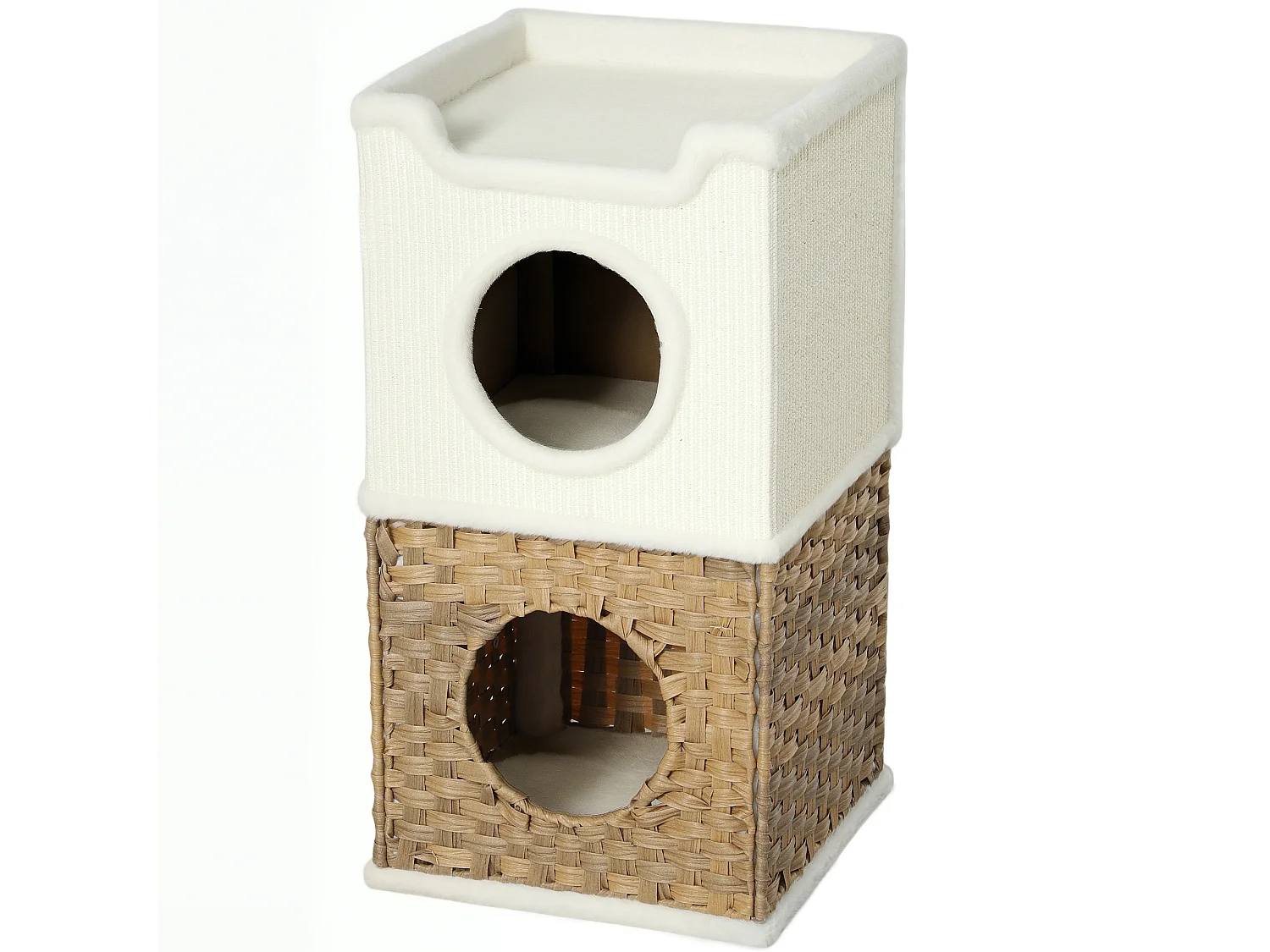 Tour à griffer pour chat 3 niveaux - 2 niches, panier observation- H.75,5 cm - résine tressée sisal