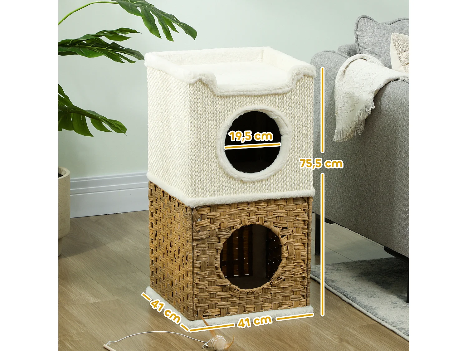 Tour à griffer pour chat 3 niveaux - 2 niches, panier observation- H.75,5 cm - résine tressée sisal