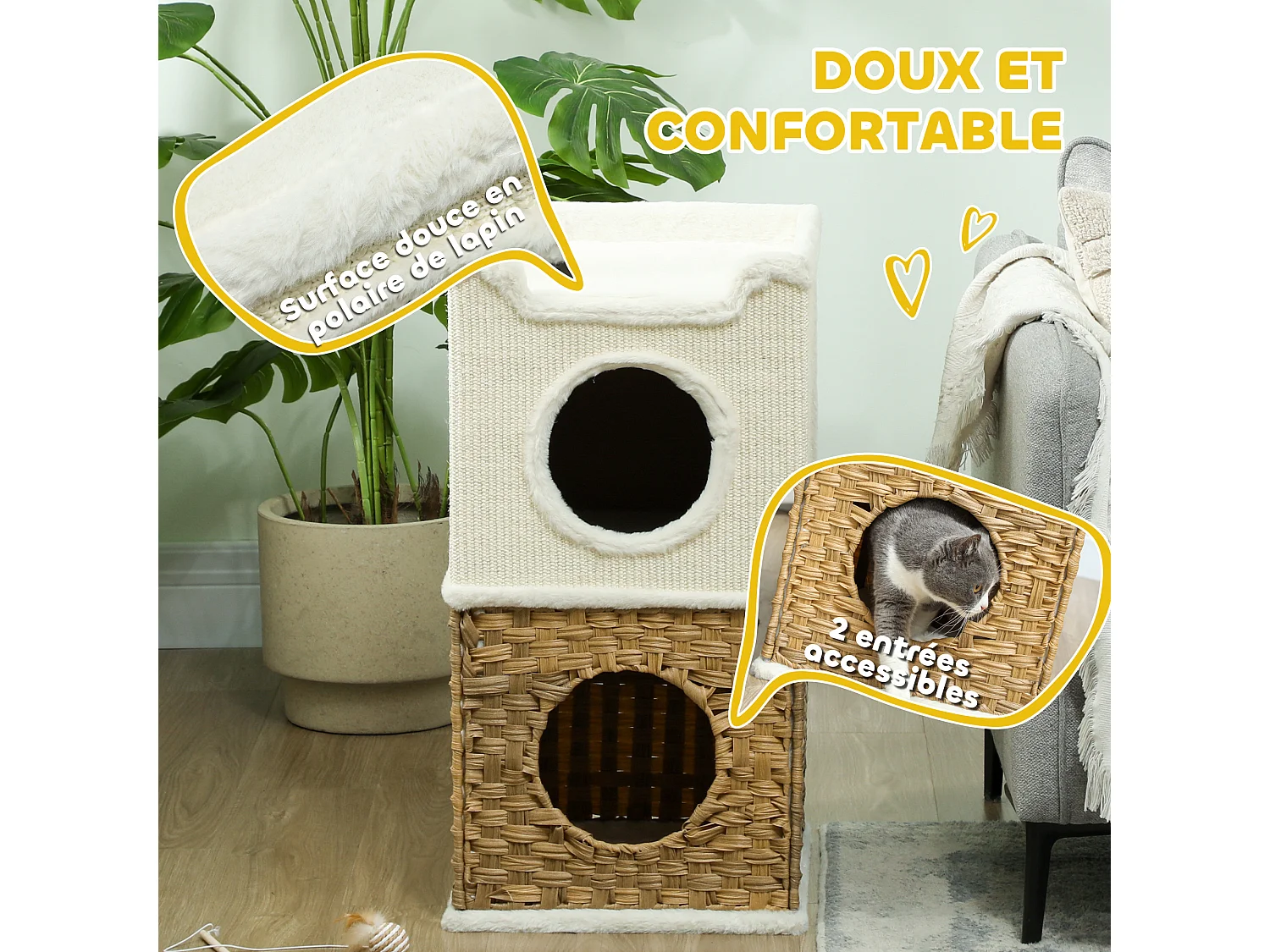Tour à griffer pour chat 3 niveaux - 2 niches, panier observation- H.75,5 cm - résine tressée sisal