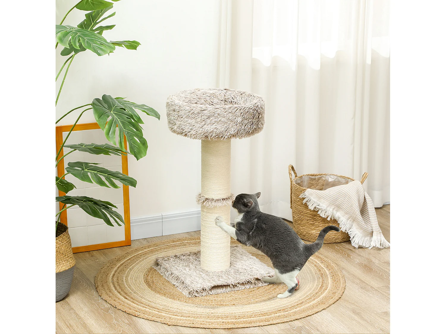 Arbre à chat luxe effet fourrure - dim. 45L x 45l x 87H cm - griffoir, plateforme panier observation - marron