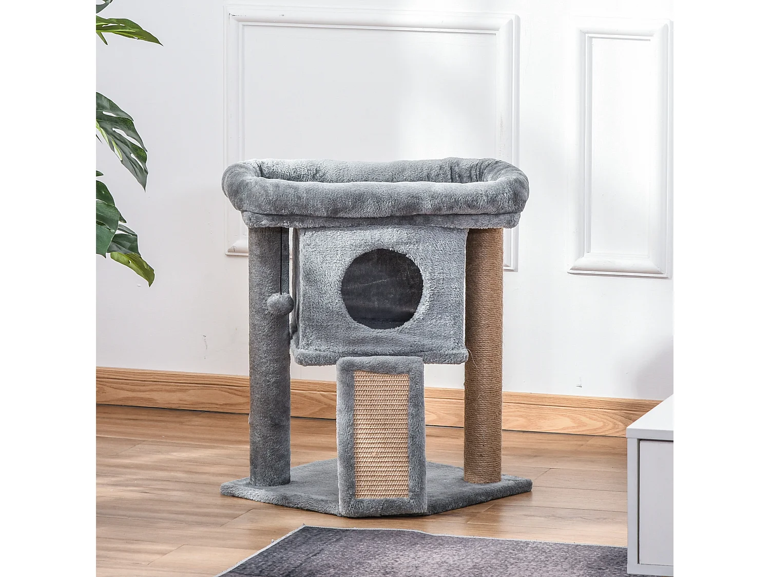 Arbre à chat grattoir griffoir niche panier d'observation boule peluche gris
