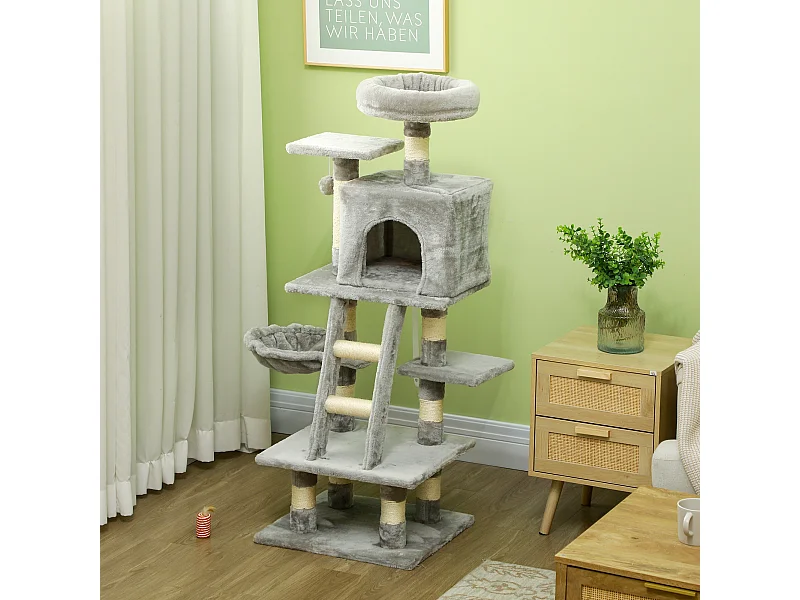 Arbre à chat multi-équipements griffoirs grattoirs niche plateformes + échelle + hamac + boule suspendue gris