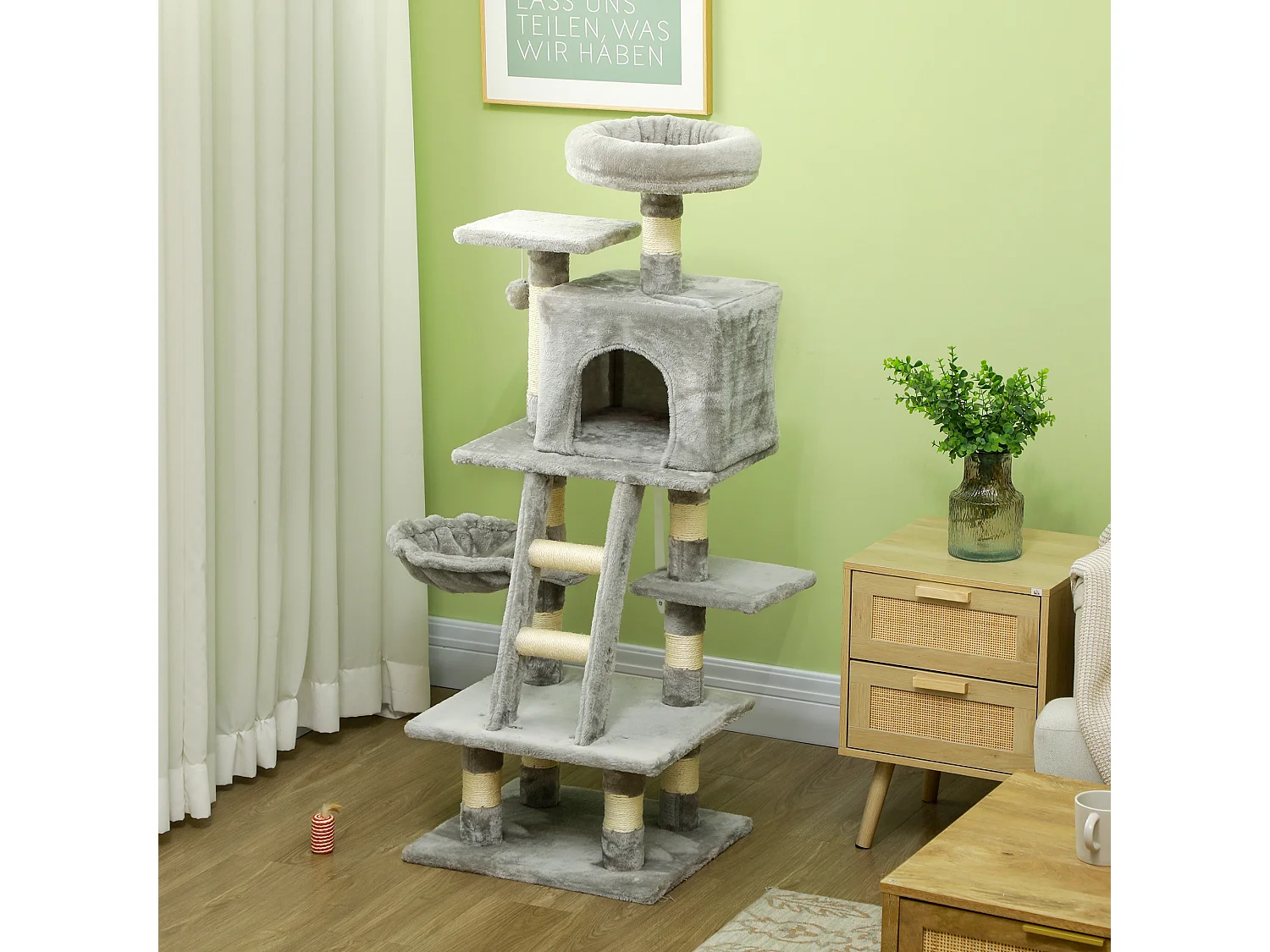 Arbre à chat multi-équipements griffoirs grattoirs niche plateformes + échelle + hamac + boule suspendue gris