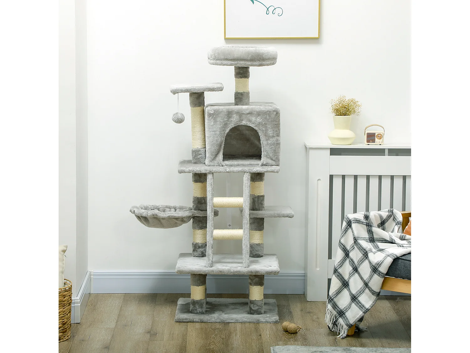Arbre à chat multi-équipements griffoirs grattoirs niche plateformes + échelle + hamac + boule suspendue gris