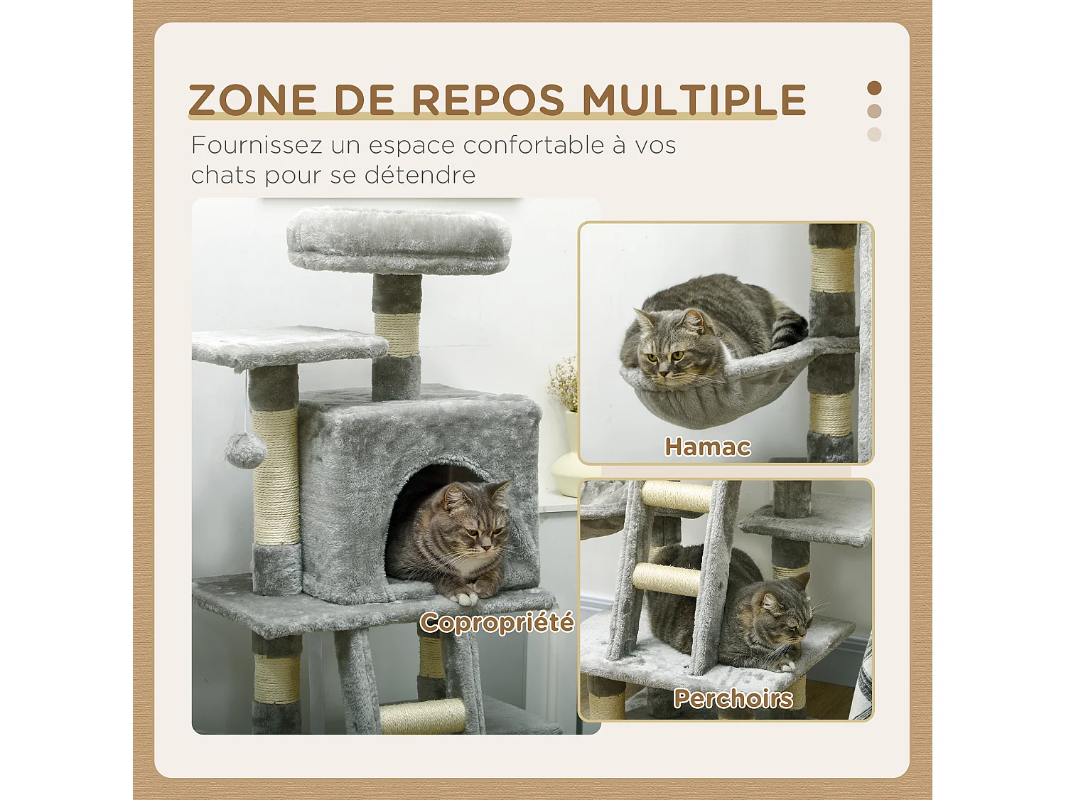 Arbre à chat multi-équipements griffoirs grattoirs niche plateformes + échelle + hamac + boule suspendue gris
