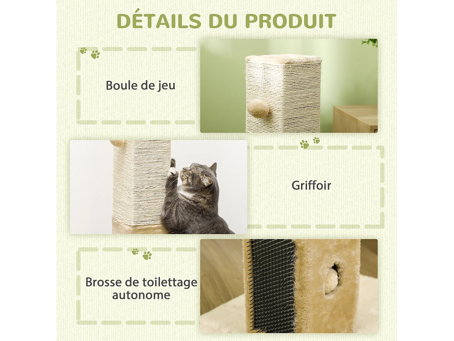 Griffoir chat H.79 cm - jeu boule suspendue et boule clochette, 2 bandes massantes - beige