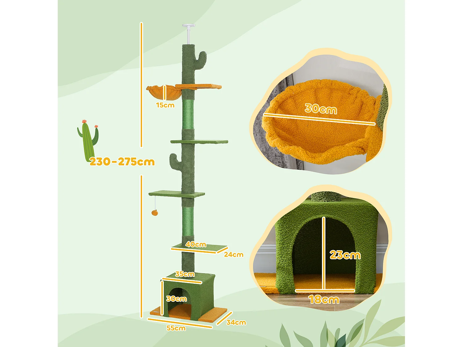 Arbre à chat cactus du sol au plafond - H. réglable 230-275 cm - 6 niv. équipement multiple - vert
