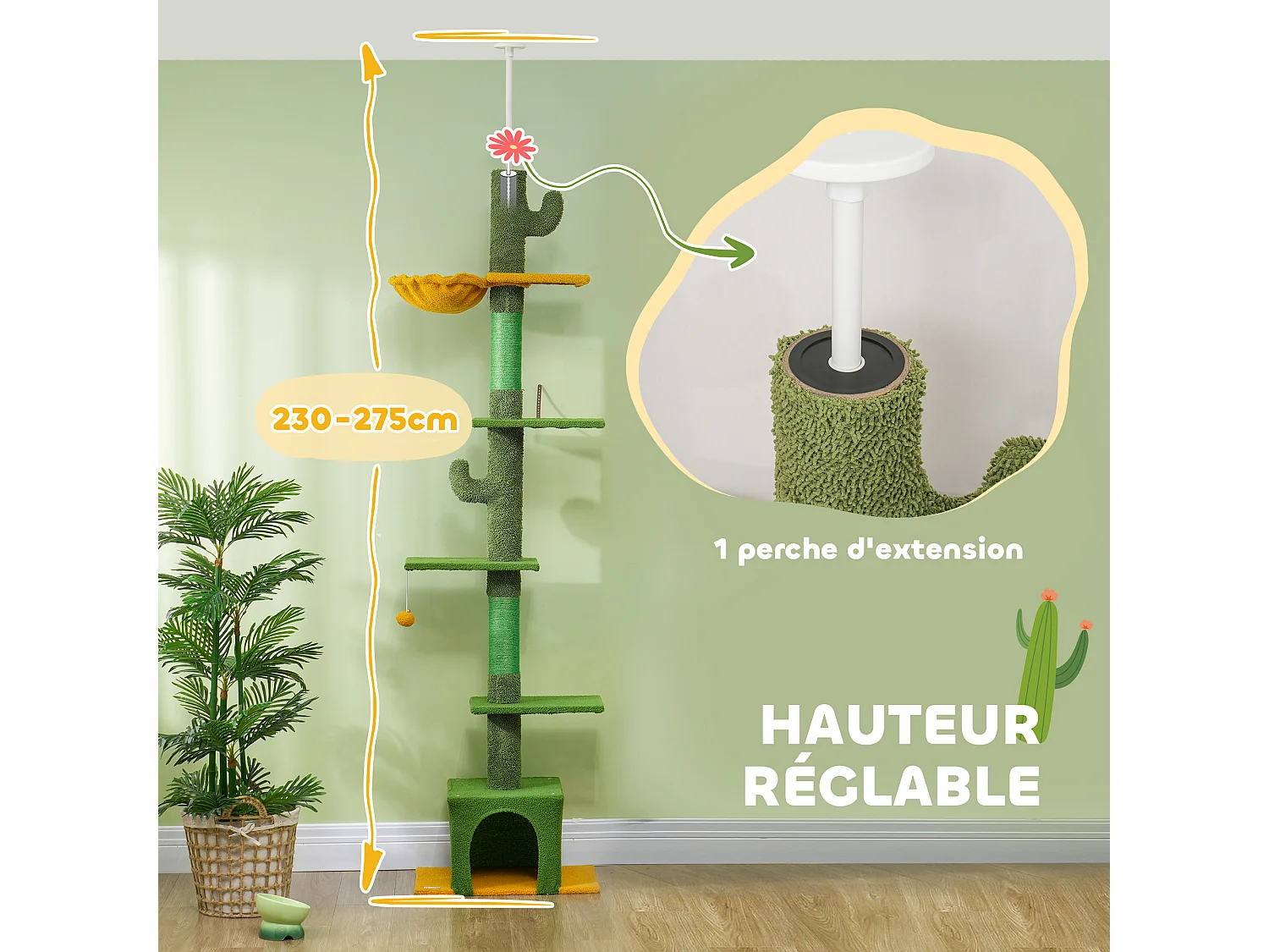 Arbre à chat cactus du sol au plafond - H. réglable 230-275 cm - 6 niv. équipement multiple - vert