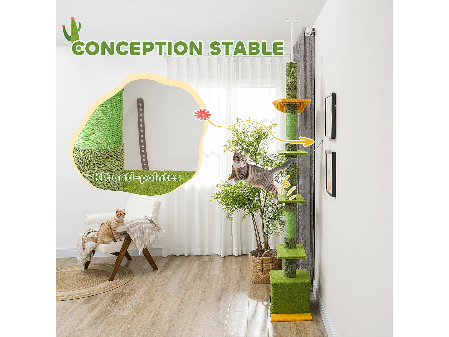 Arbre à chat cactus du sol au plafond - H. réglable 230-275 cm - 6 niv. équipement multiple - vert