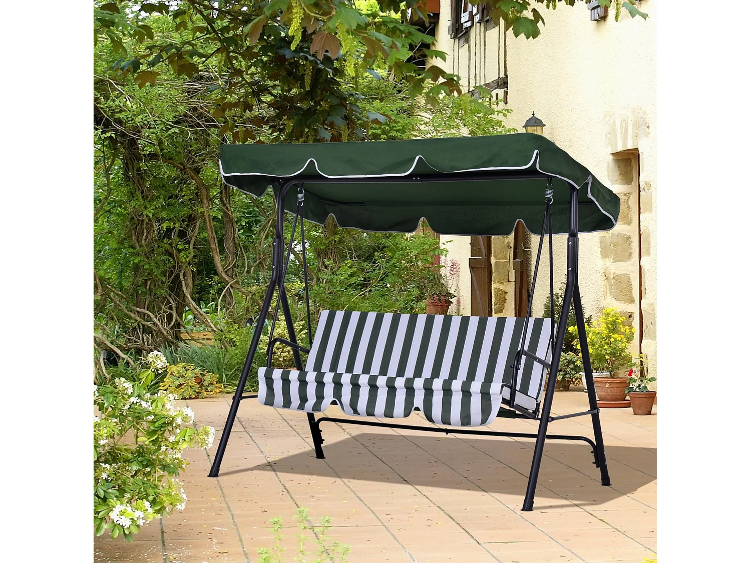 Balancelle de jardin 3 places toit réglable coussins assise dossier acier polyester vert blanc rayé
