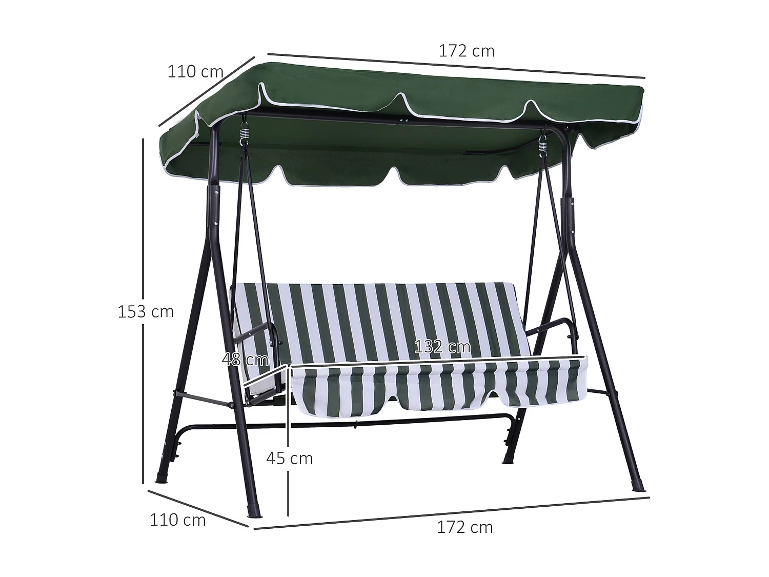 Balancelle de jardin 3 places toit réglable coussins assise dossier acier polyester vert blanc rayé
