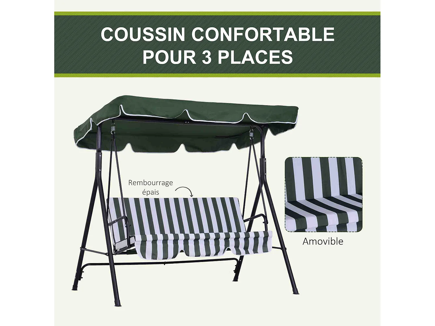 Balancelle de jardin 3 places toit réglable coussins assise dossier acier polyester vert blanc rayé