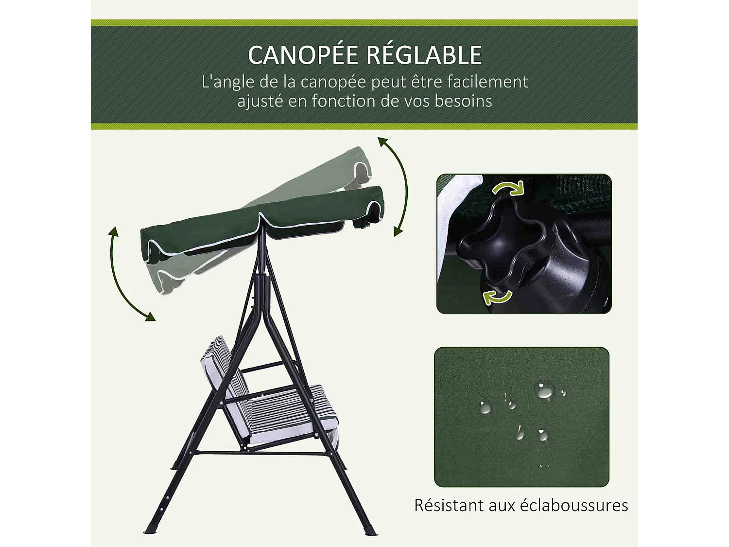 Balancelle de jardin 3 places toit réglable coussins assise dossier acier polyester vert blanc rayé