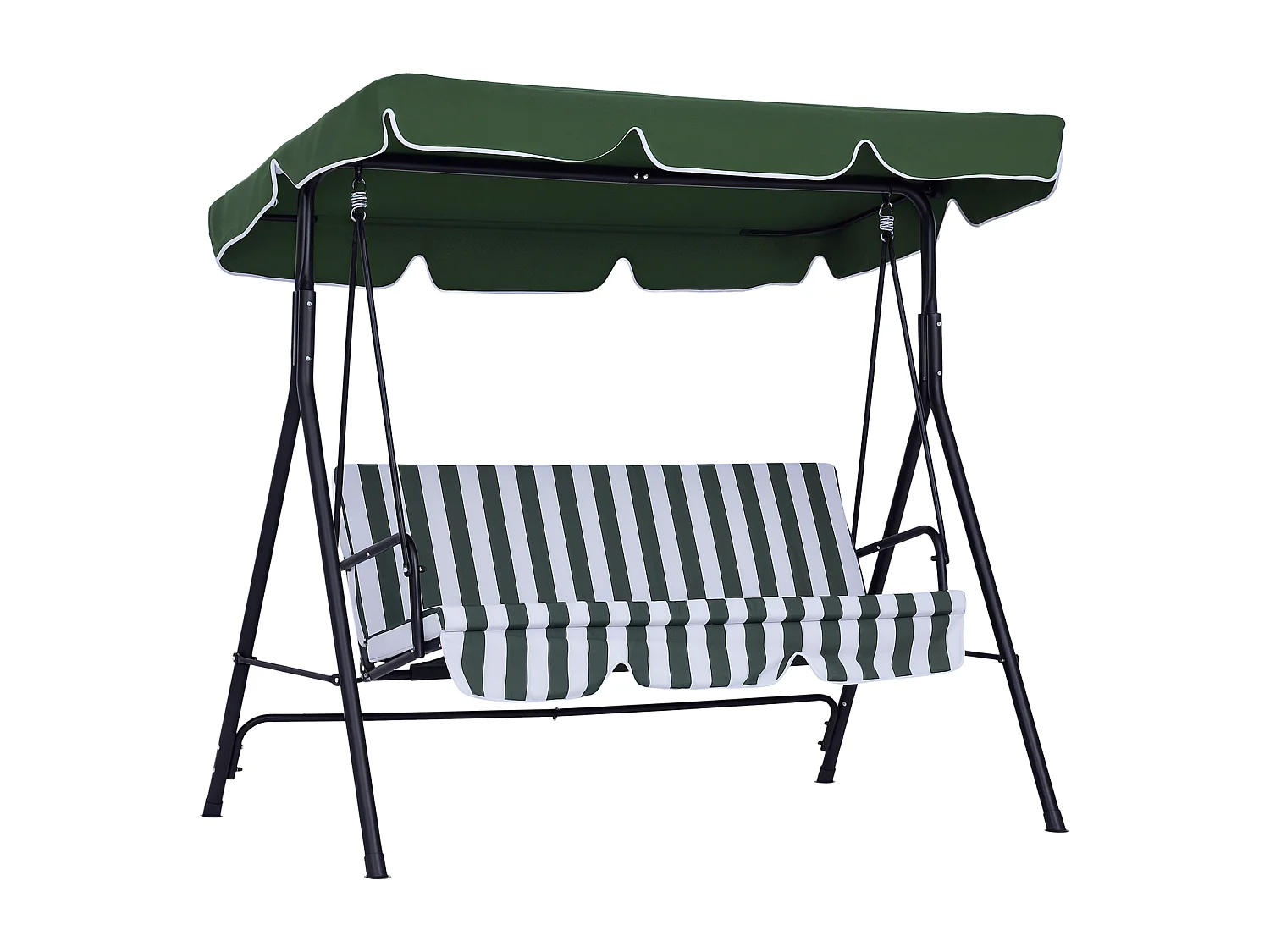 Balancelle de jardin 3 places toit réglable coussins assise dossier acier polyester vert blanc rayé