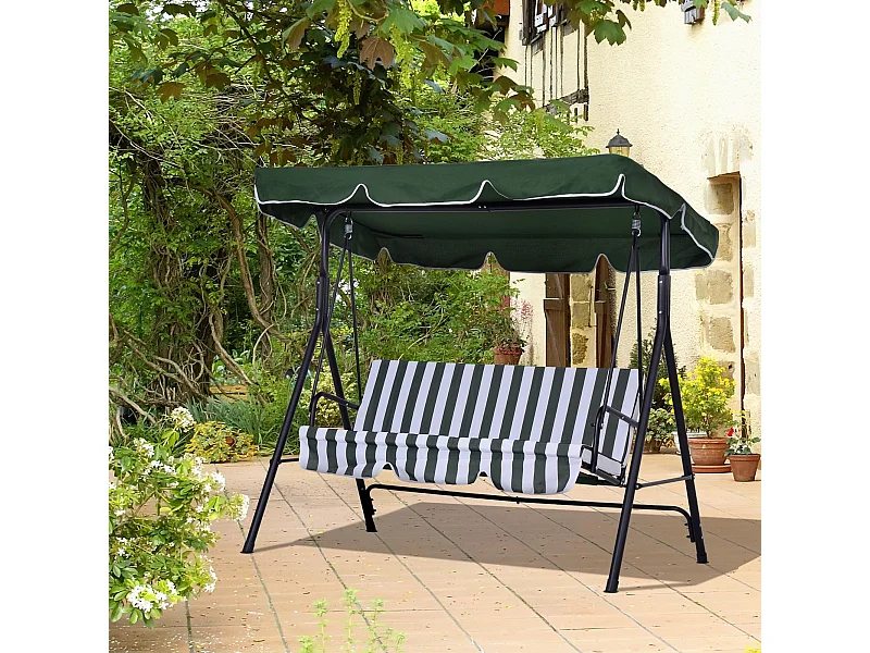 Balancelle de jardin 3 places toit réglable coussins assise dossier acier polyester vert blanc rayé