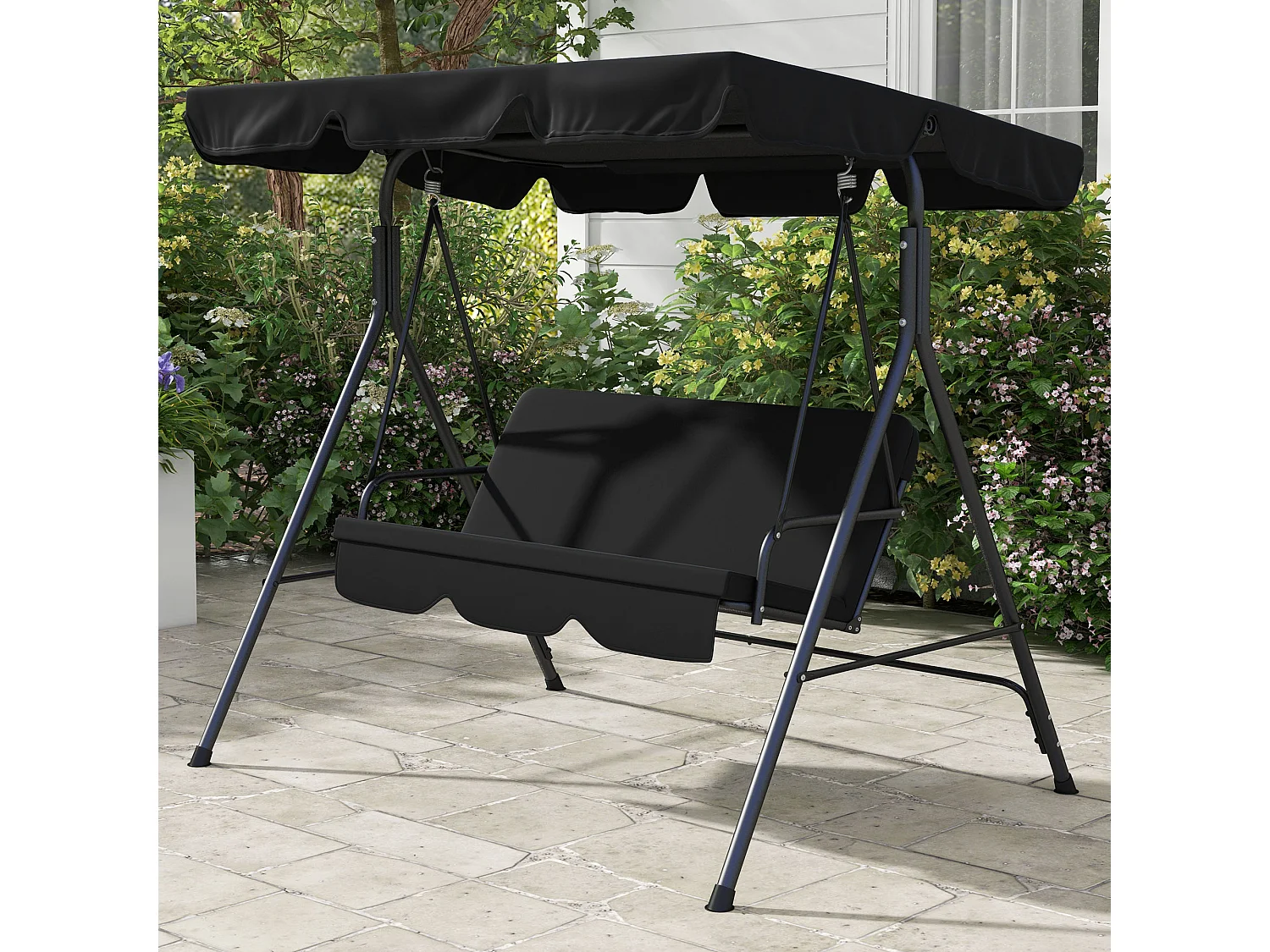 Balancelle de jardin 3 places toit réglable coussins assise dossier acier polyester noir
