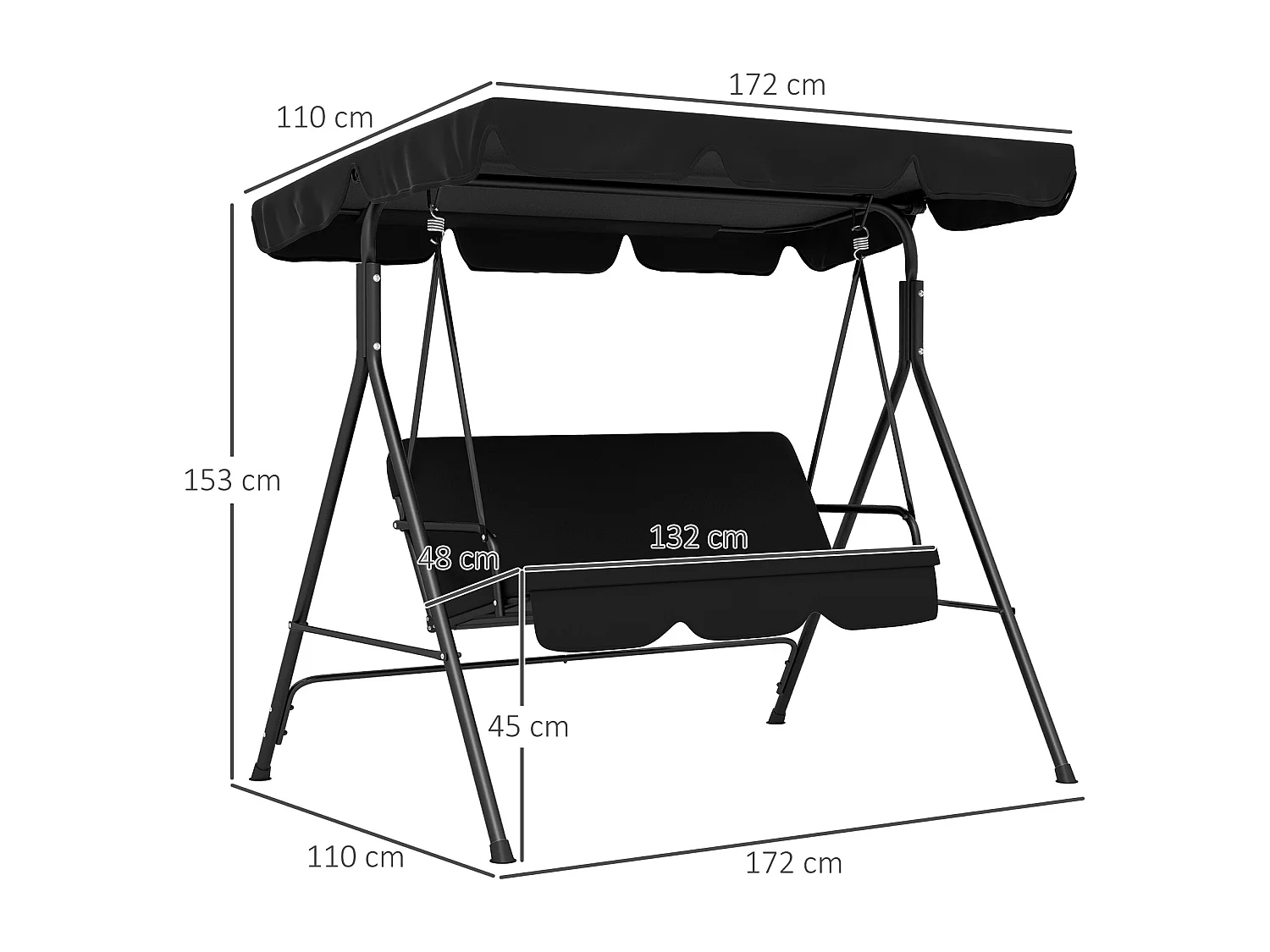 Balancelle de jardin 3 places toit réglable coussins assise dossier acier polyester noir