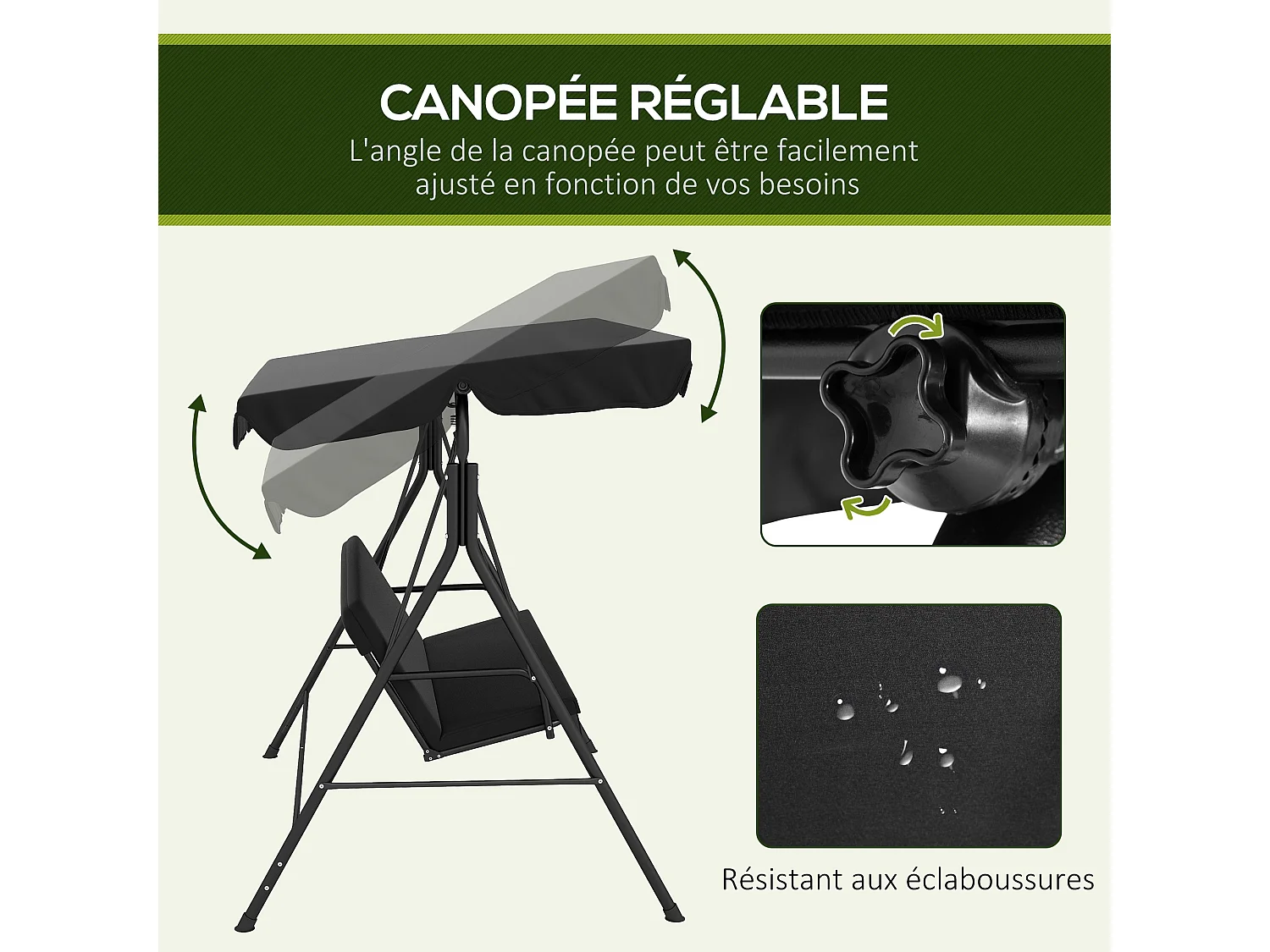 Balancelle de jardin 3 places toit réglable coussins assise dossier acier polyester noir