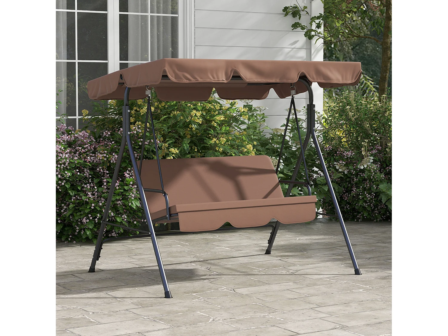 Balancelle de jardin 3 places toit réglable coussins assise dossier acier polyester marron