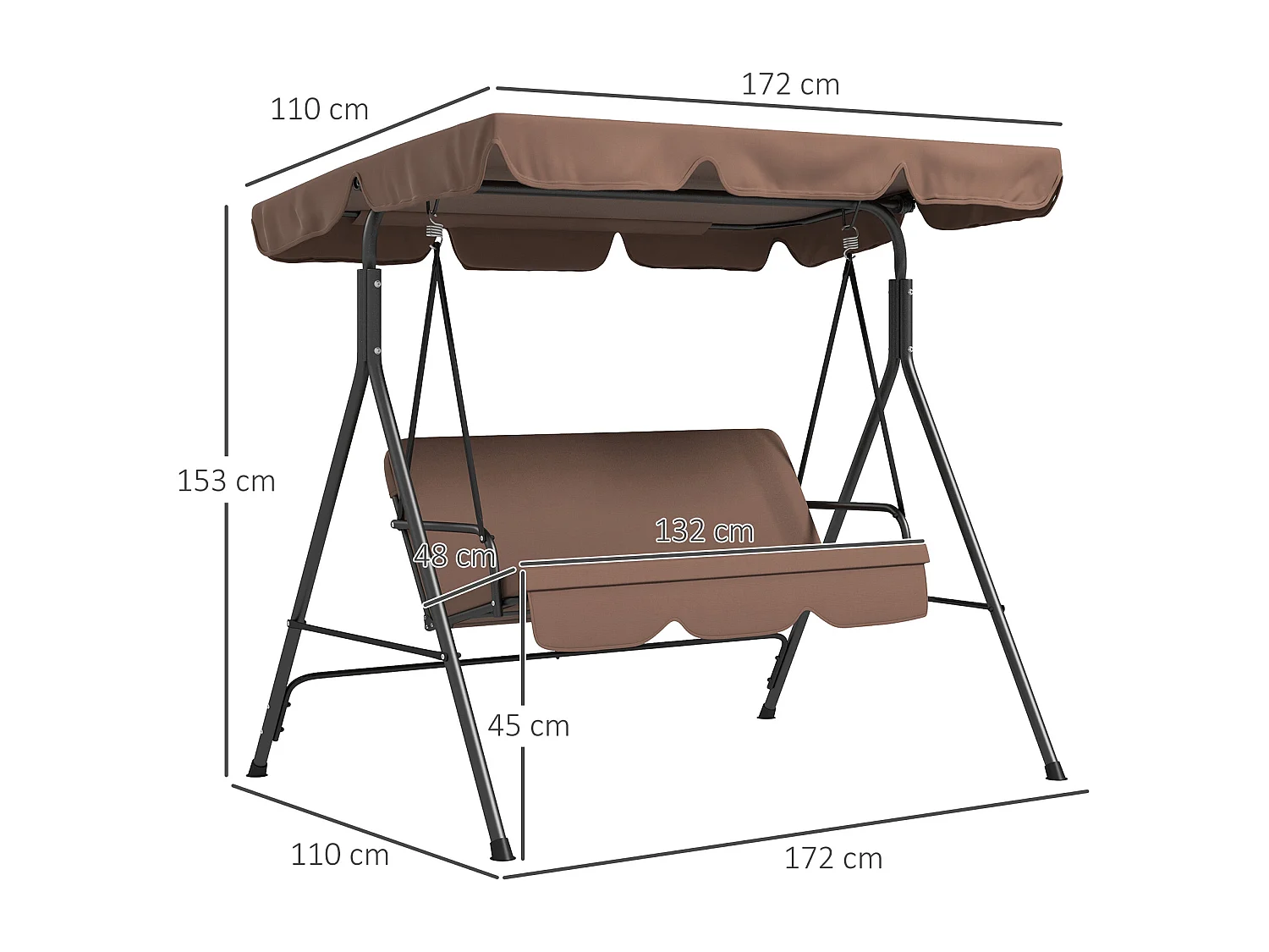 Balancelle de jardin 3 places toit réglable coussins assise dossier acier polyester marron