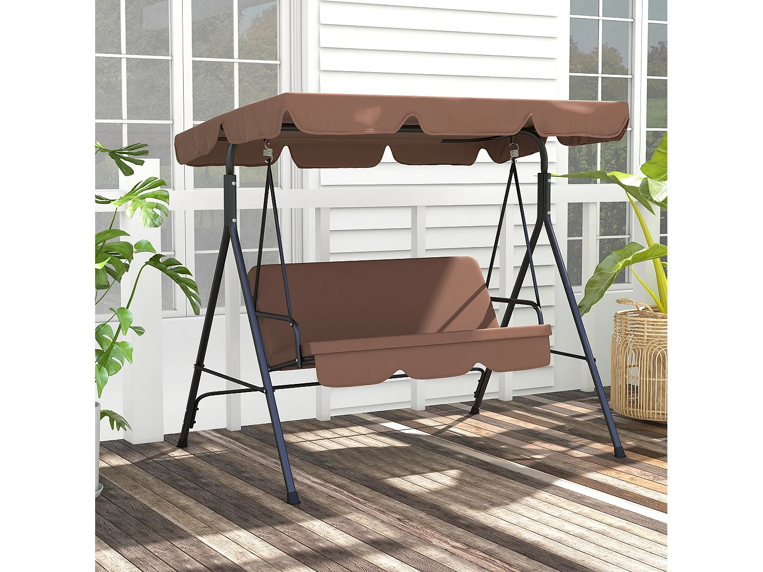 Balancelle de jardin 3 places toit réglable coussins assise dossier acier polyester marron