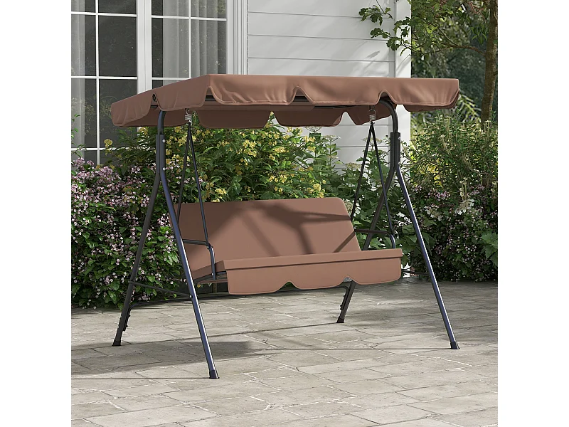 Balancelle de jardin 3 places toit réglable coussins assise dossier acier polyester marron