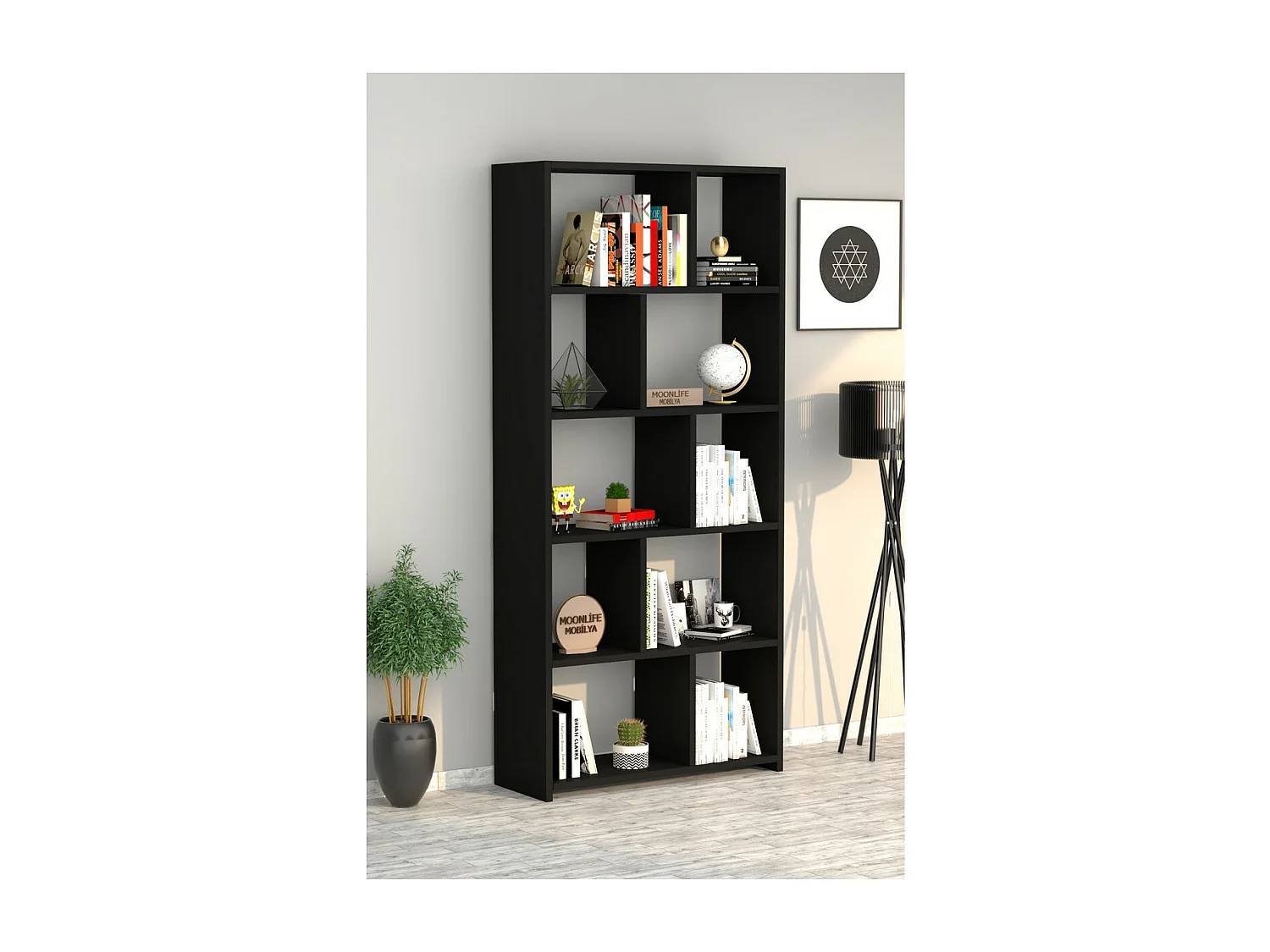 Bibliothèque William, Noir, 20x70x160 cm, Epikasa