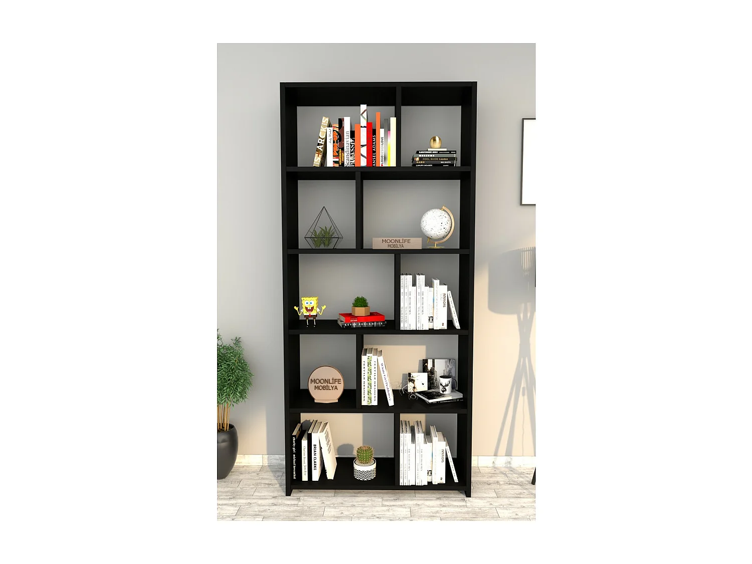 Bibliothèque William, Noir, 20x70x160 cm, Epikasa