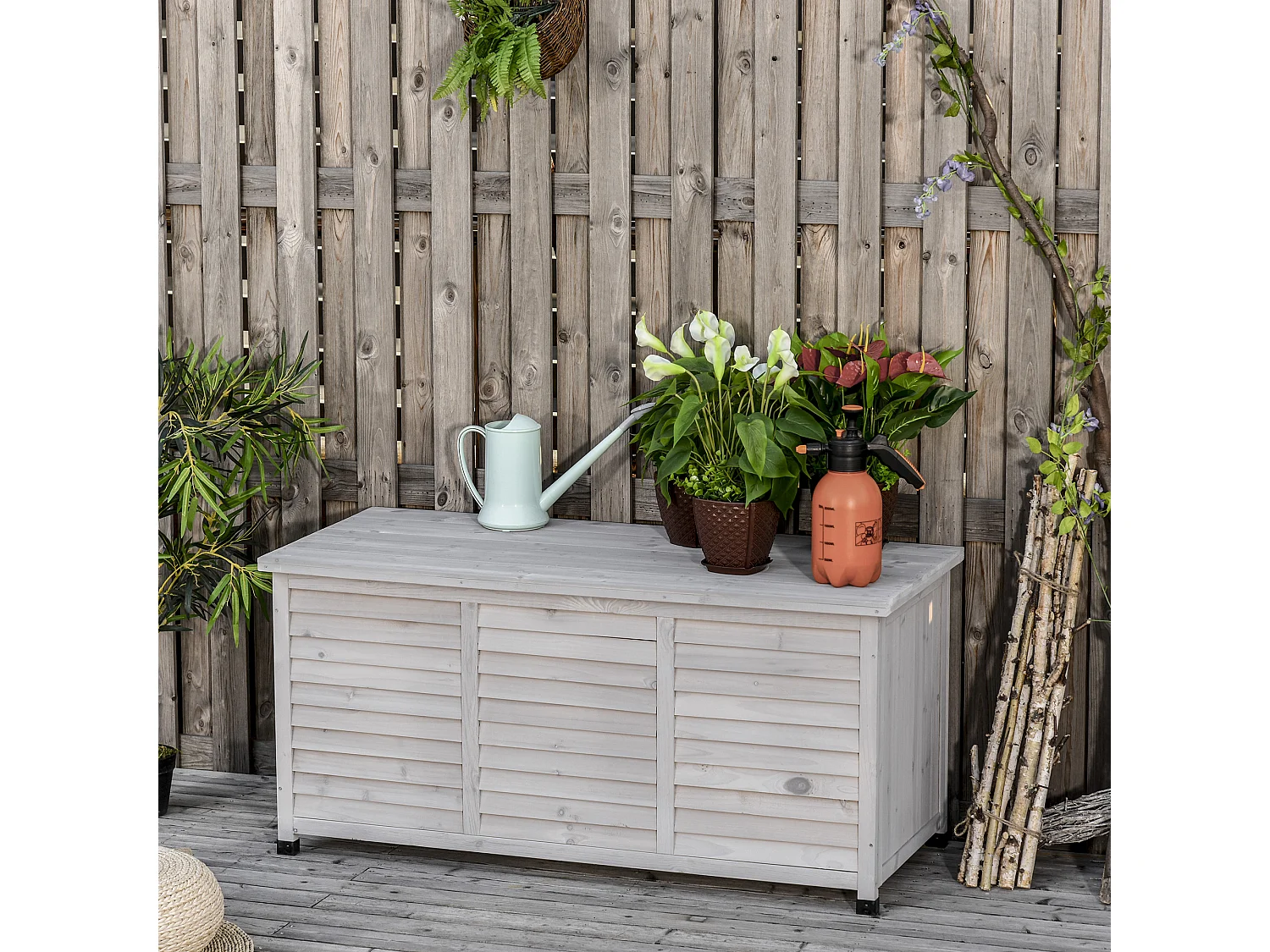 Coffre de rangement extérieur façade persienne - coffre jardin 283L - dim. 127 x 56 x 60cm - bois gris