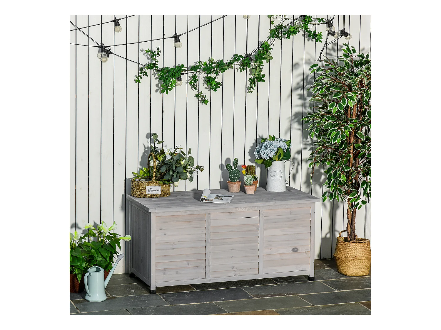 Coffre de rangement extérieur façade persienne - coffre jardin 283L - dim. 127 x 56 x 60cm - bois gris