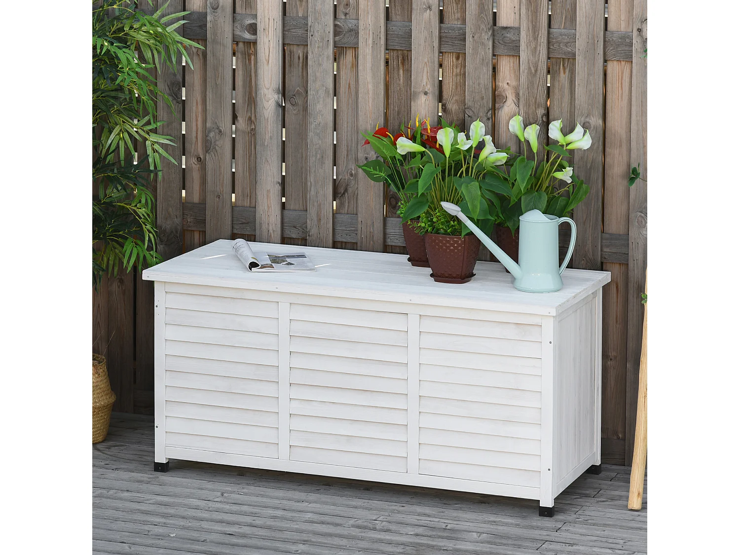 Coffre de rangement extérieur façade persienne - coffre jardin 283L - dim. 127 x 56 x 60cm - bois blanc