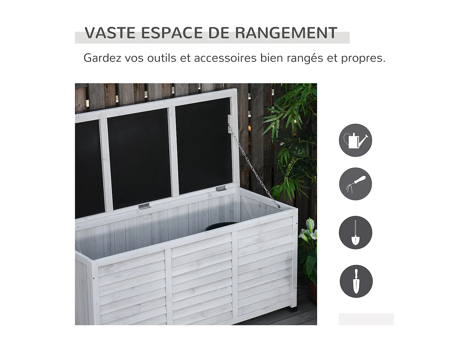 Coffre de rangement extérieur façade persienne - coffre jardin 283L - dim. 127 x 56 x 60cm - bois blanc