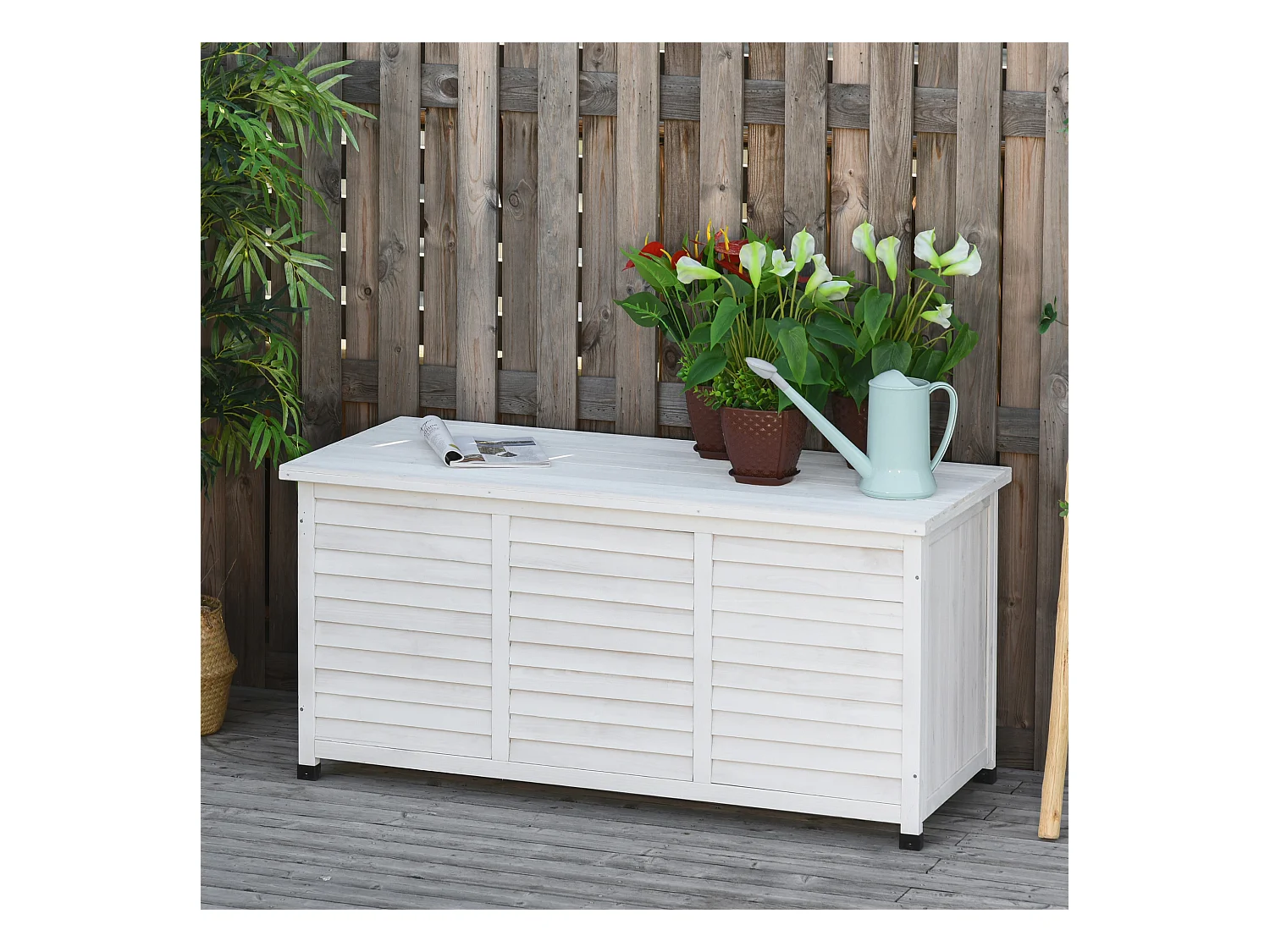 Coffre de rangement extérieur façade persienne - coffre jardin 283L - dim. 127 x 56 x 60cm - bois blanc