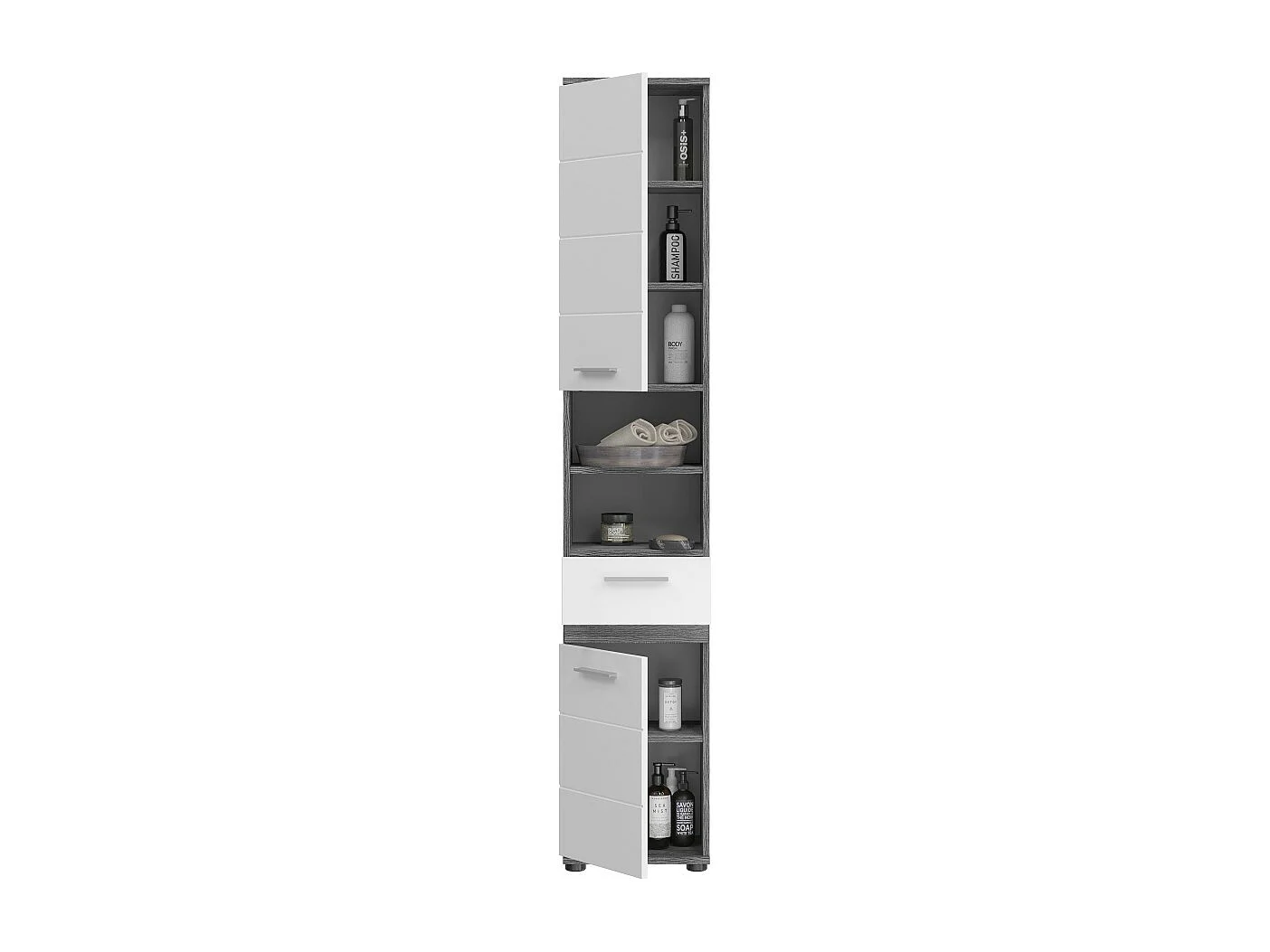 Columna de baño WILLIAM 2 puertas y 1 cajón – Blanco y gris oscuro