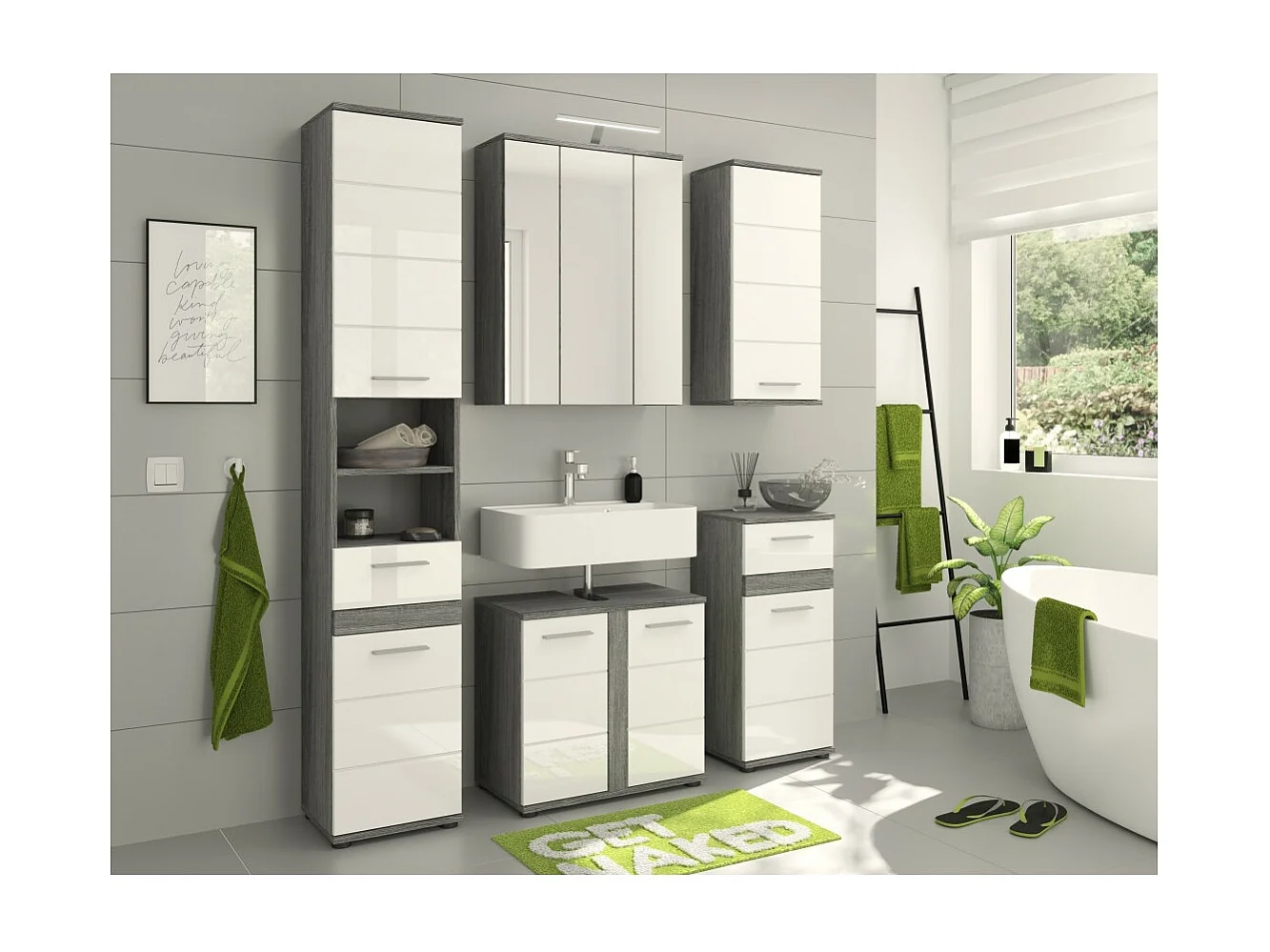 Columna de baño WILLIAM 2 puertas y 1 cajón – Blanco y gris oscuro