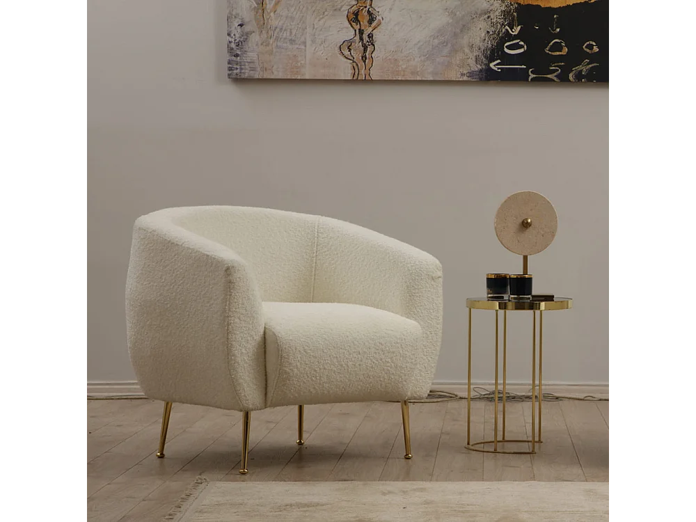 Sillón de bucle crema de poliéster con patas de metal dorado - Cómodo y elegante