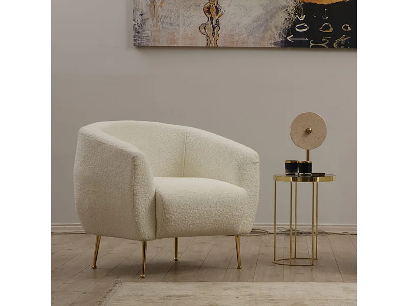 Cremefarbener Bouclé-Sessel aus Polyester mit goldenen Metallbeinen - Bequem und elegant