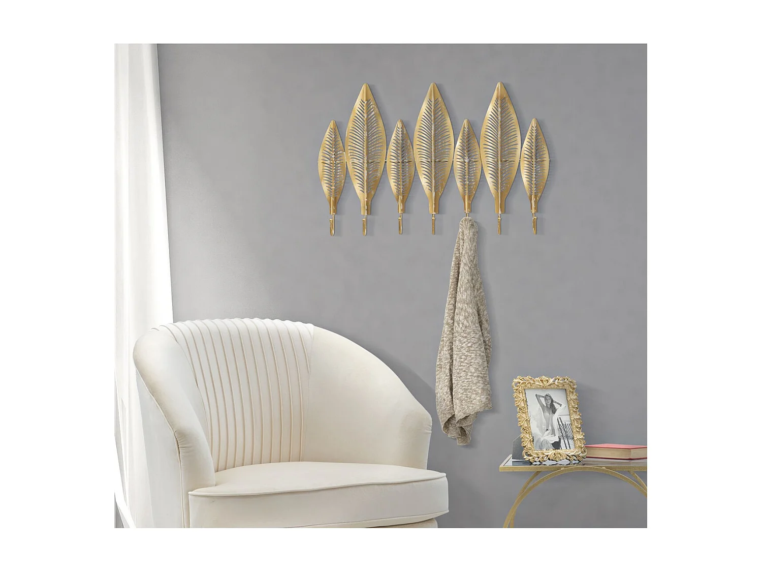 Porte-Manteau Murale Feuille 7, Or, 42,5x6x65 cm, Seven Design
