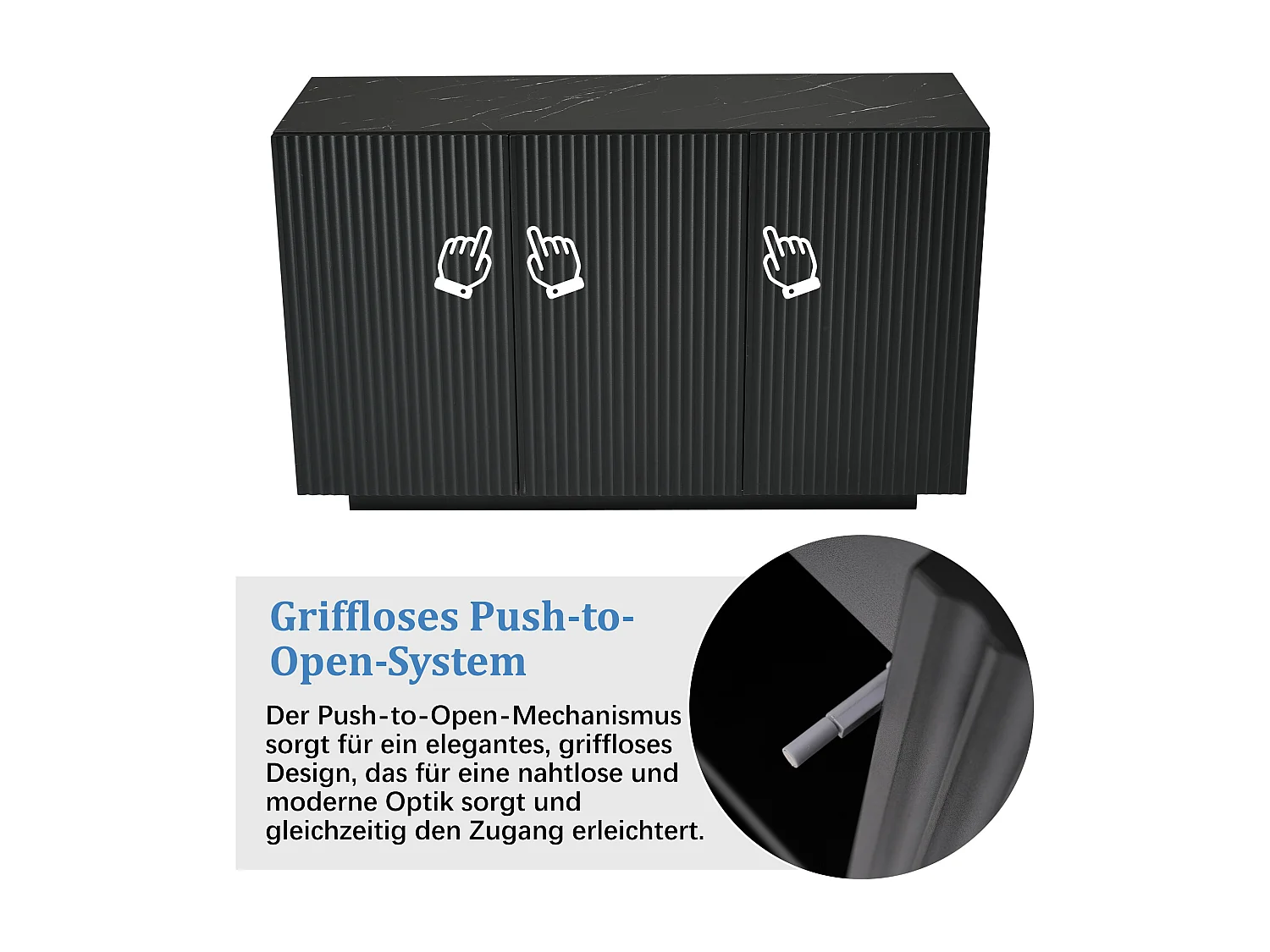 Buffet bas avec 3 portes - 120 x 70 x 75 cm - LEDs - Plateau en effet marbre - Bois MDF - Noir